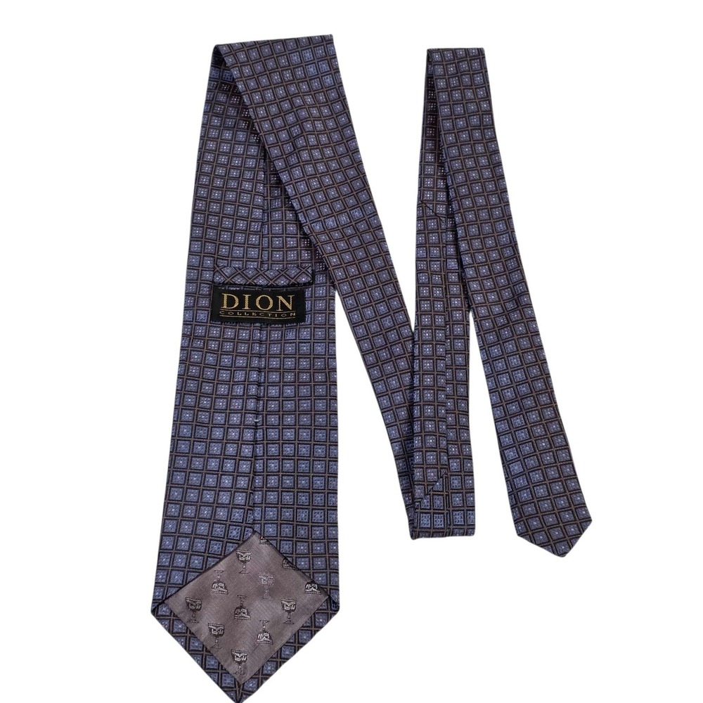 DION COLLECTION Silk Tie Geometric Pattern‎ Blue Brown Italian Crafted Necktie
